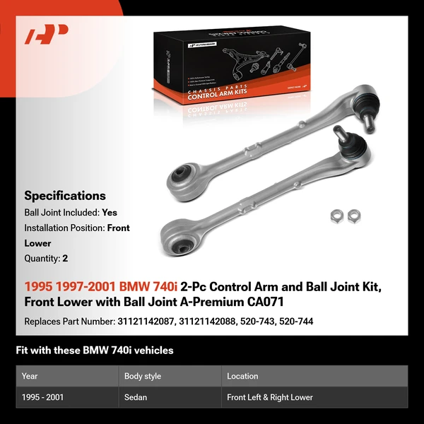 1995 1997-2001 BMW 740i 2-Pc Control Arm and Ball Joint Kit, Front Lower with Ball Joint A-Premium CA071