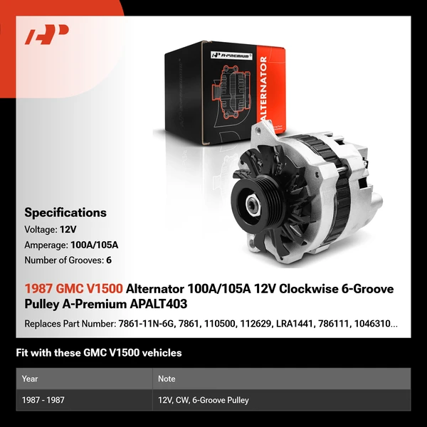 1987 GMC V1500 Alternator 100A/105A 12V Clockwise 6-Groove Pulley A-Premium APALT403