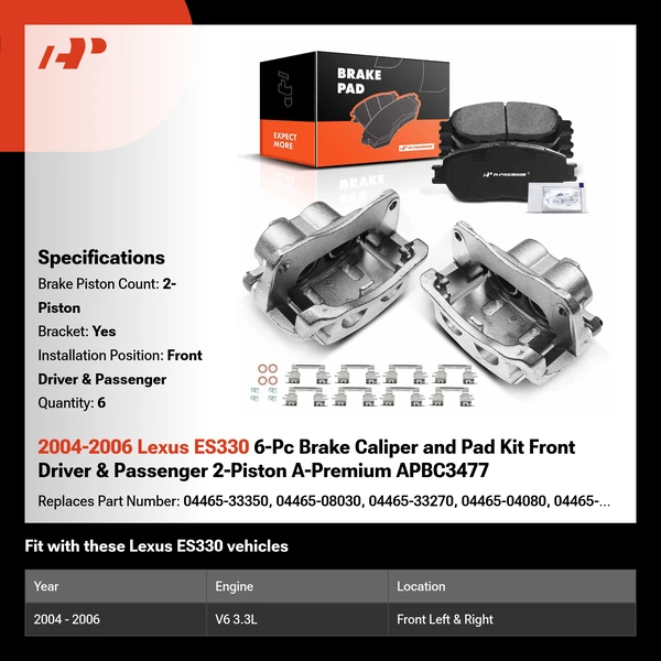 2004-2006 Lexus ES330 6-Pc Brake Caliper and Pad Kit Front Driver & Passenger 2-Piston A-Premium APBC3477
