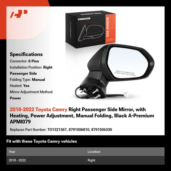2018-2022 Toyota Camry Right Passenger Side Mirror, with Heating, Power Adjustment, Manual Folding, Black A-Premium APMI079