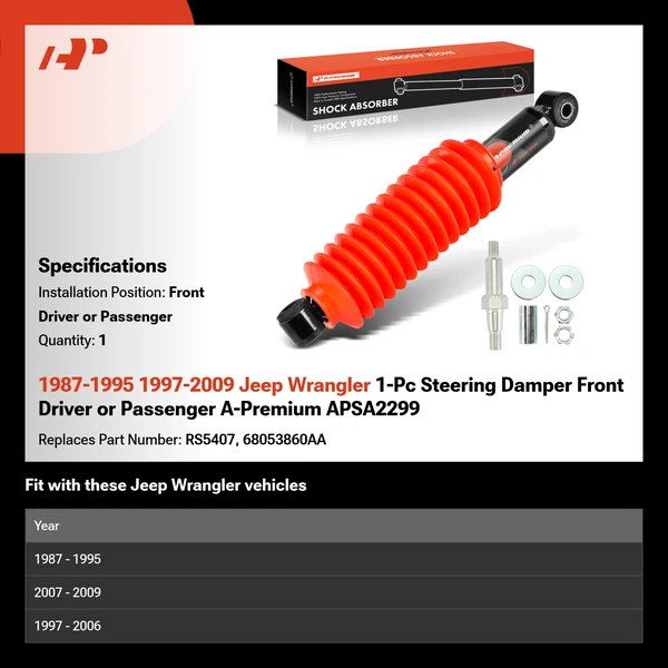 1987-1995 1997-2009 Jeep Wrangler 1-Pc Steering Damper Front Driver or Passenger A-Premium APSA2299