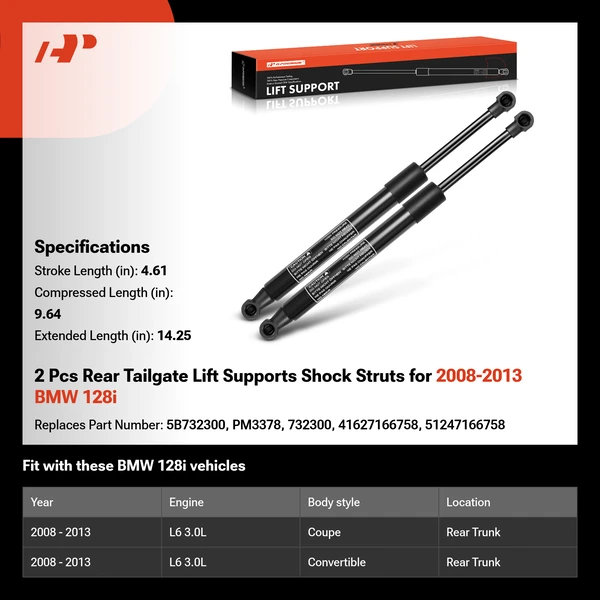 2 Pcs Rear Tailgate Lift Supports Shock Struts for 2008-2013 BMW 128i