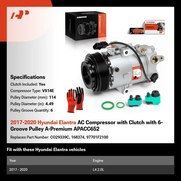 2017-2020 Hyundai Elantra AC Compressor with Clutch with 6-Groove Pulley A-Premium APACC652