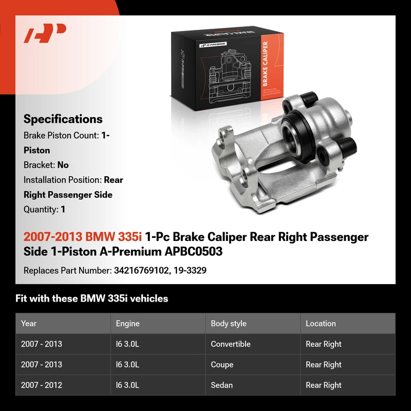 2007-2013 BMW 335i 1-Pc Brake Caliper Rear Right Passenger Side 1-Piston A-Premium APBC0503