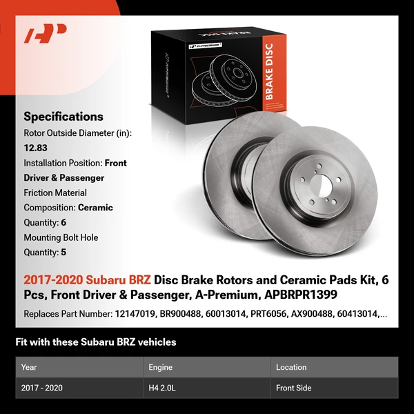2017-2020 Subaru BRZ Disc Brake Rotors and Ceramic Pads Kit, 6 Pcs, Front Driver & Passenger, A-Premium, APBRPR1399
