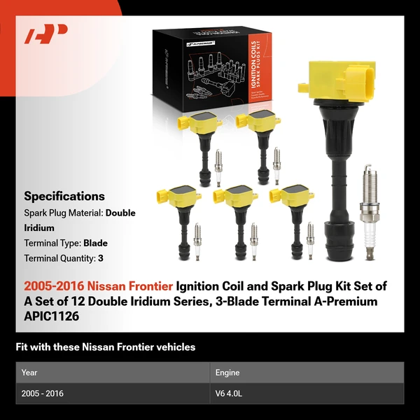 2005-2016 Nissan Frontier Ignition Coil and Spark Plug Kit Set of A Set of 12 Double Iridium Series, 3-Blade Terminal A-Premium APIC1126