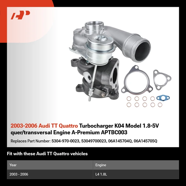 2003-2006 Audi TT Quattro Turbocharger K04 Model 1.8-5V quer/transversal Engine A-Premium APTBC003