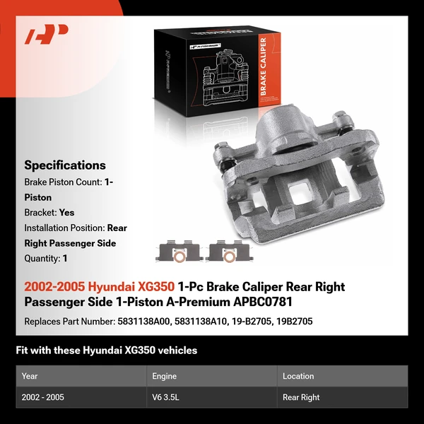 2002-2005 Hyundai XG350 1-Pc Brake Caliper Rear Right Passenger Side 1-Piston A-Premium APBC0781