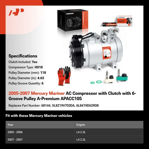 2005-2007 Mercury Mariner AC Compressor with Clutch with 6-Groove Pulley A-Premium APACC105