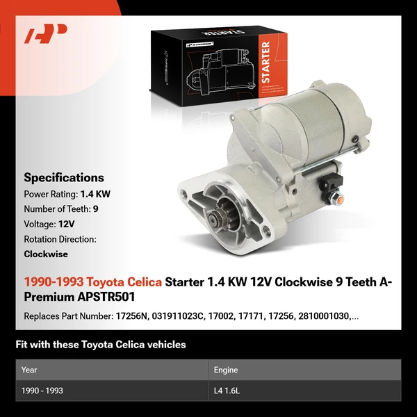 1990-1993 Toyota Celica Starter 1.4 KW 12V Clockwise 9 Teeth A-Premium APSTR501