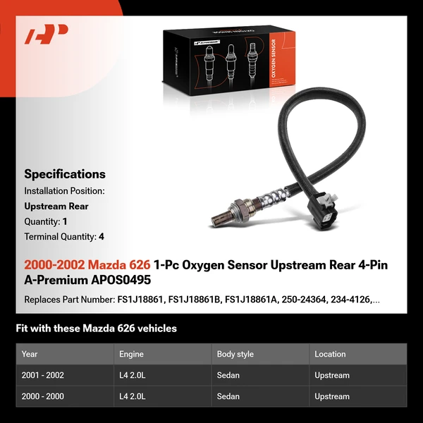 2000-2002 Mazda 626 1-Pc Oxygen Sensor Upstream Rear 4-Pin A-Premium APOS0495