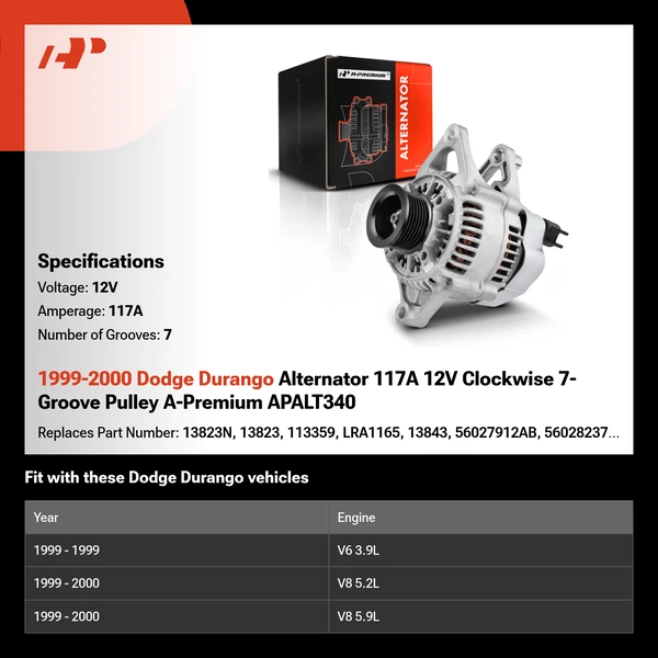 1999-2000 Dodge Durango Alternator 117A 12V Clockwise 7-Groove Pulley A-Premium APALT340