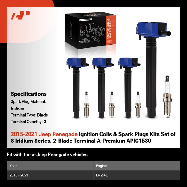 2015-2021 Jeep Renegade Ignition Coils & Spark Plugs Kits Set of 8 Iridium Series, 2-Blade Terminal A-Premium APIC1530