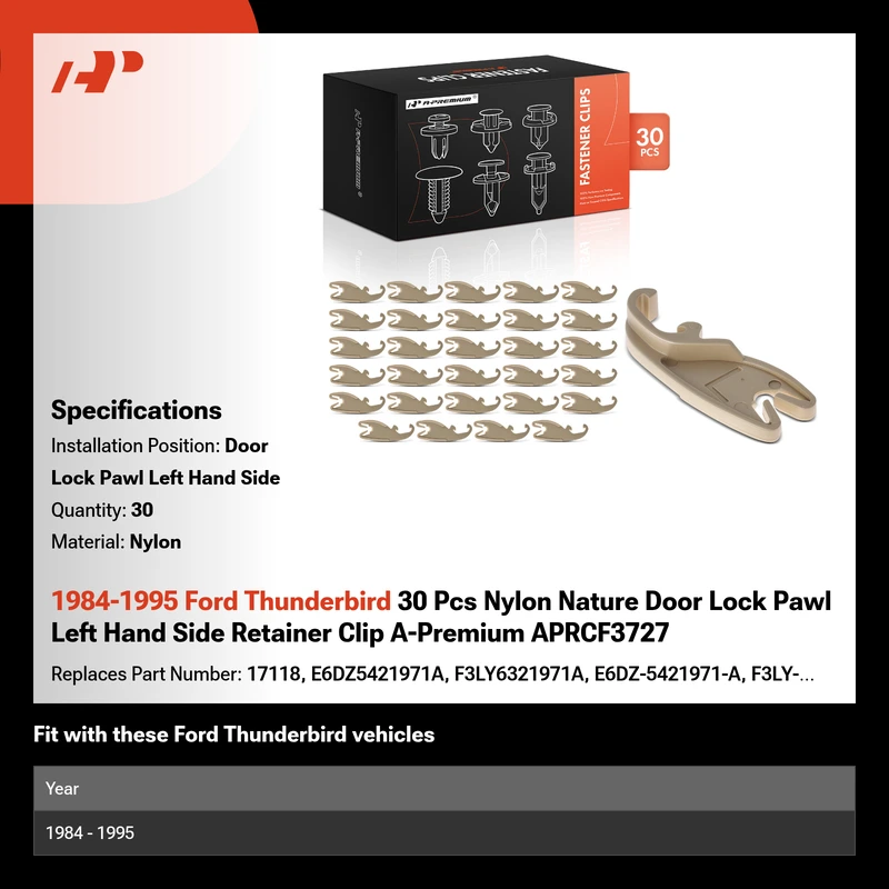 1984-1995 Ford Thunderbird 30 Pcs Nylon Nature Door Lock Pawl Left Hand Side Retainer Clip A-Premium APRCF3727