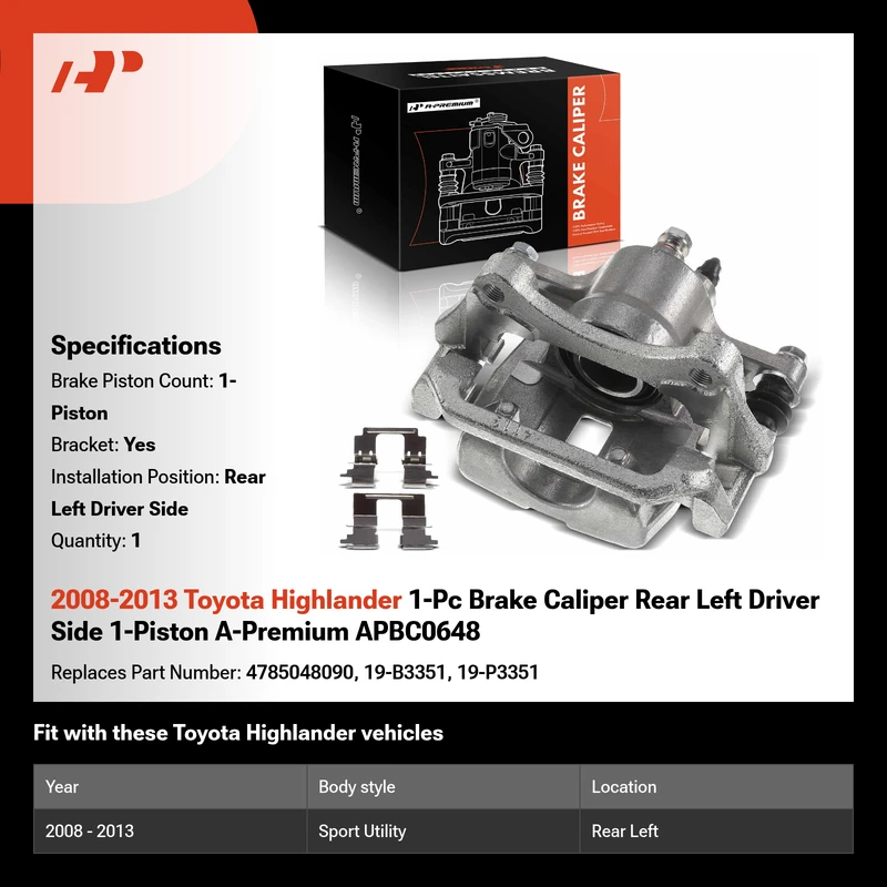 2008-2013 Toyota Highlander 1-Pc Brake Caliper Rear Left Driver Side 1-Piston A-Premium APBC0648