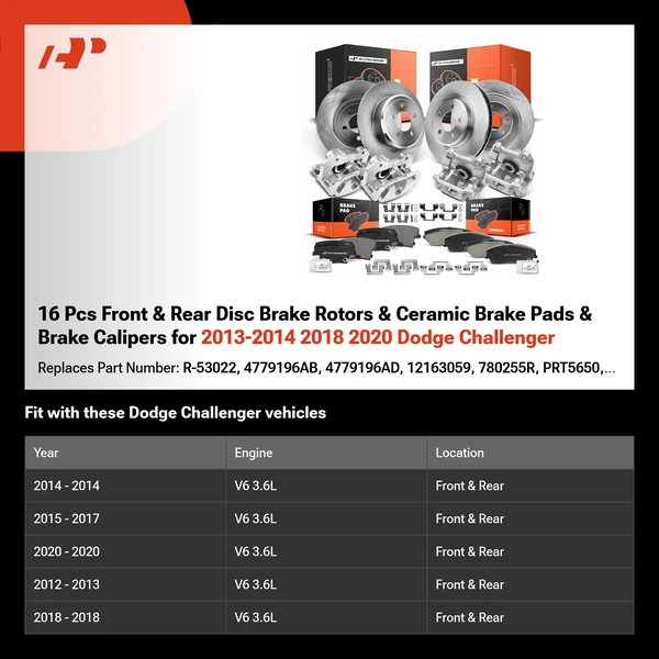 16 Pcs Front & Rear Disc Brake Rotors & Ceramic Brake Pads & Brake Calipers for 2013-2014 2018 2020 Dodge Challenger