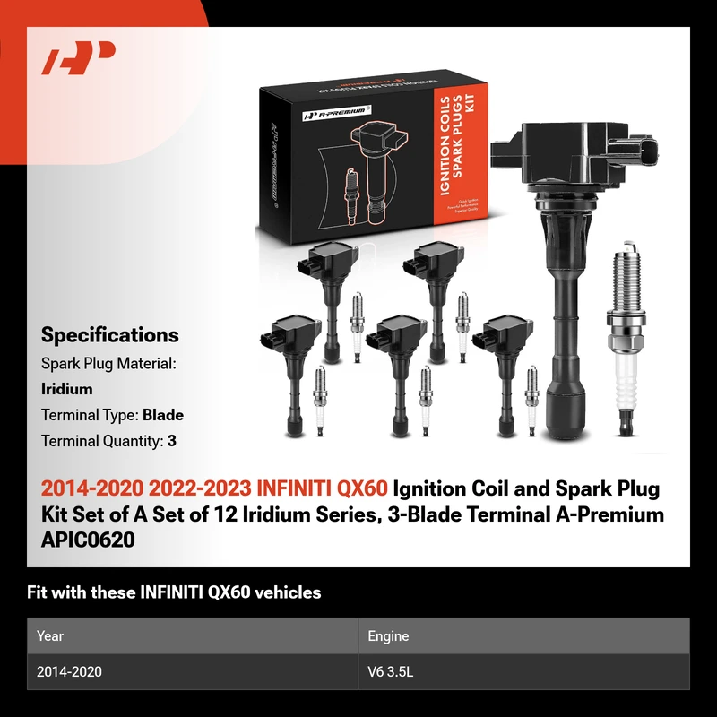 2014-2020 2022-2023 INFINITI QX60 Ignition Coil and Spark Plug Kit Set of A Set of 12 Iridium Series, 3-Blade Terminal A-Premium APIC0620
