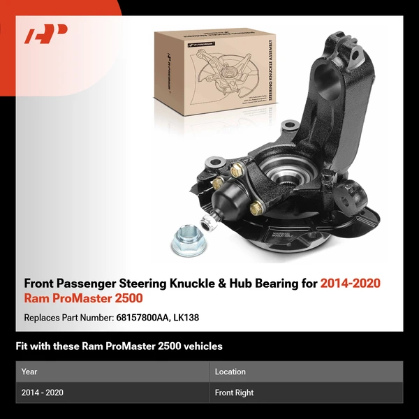 Front Passenger Steering Knuckle & Hub Bearing for 2014-2020 Ram ProMaster 2500