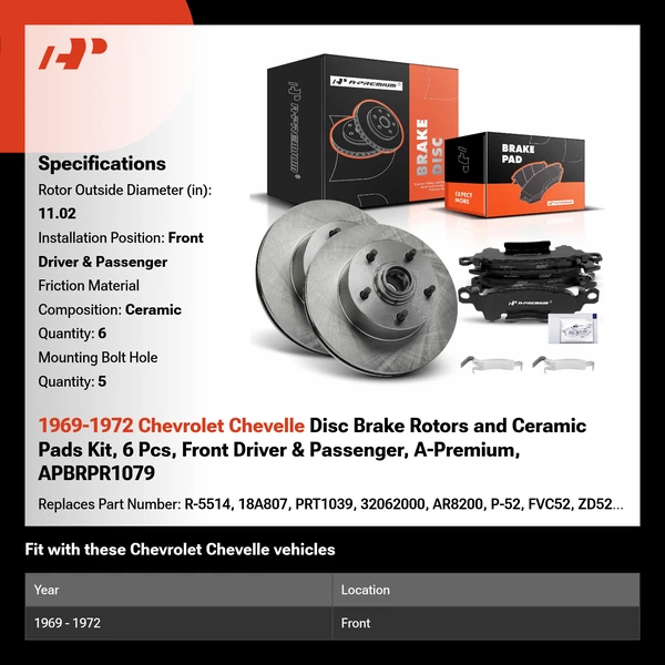 1969-1972 Chevrolet Chevelle Disc Brake Rotors and Ceramic Pads Kit, 6 Pcs, Front Driver & Passenger, A-Premium, APBRPR1079