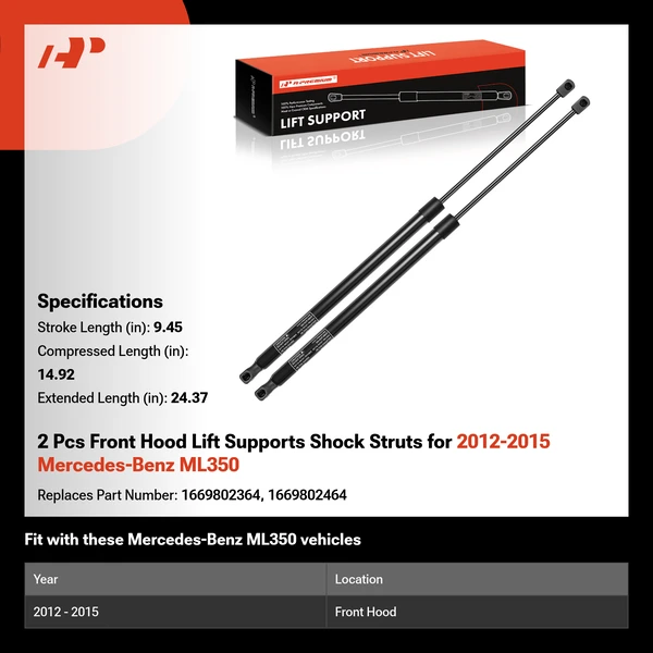 2 Pcs Front Hood Lift Supports Shock Struts for 2012-2015 Mercedes-Benz ML350