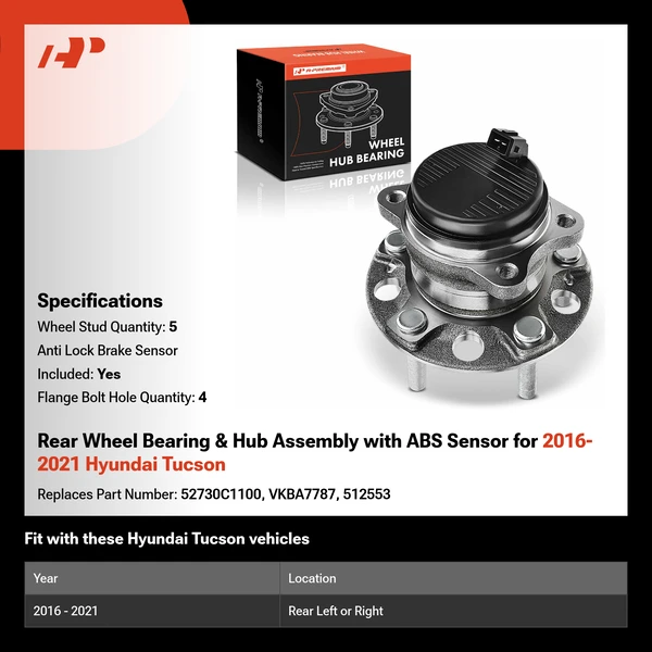 Rear Wheel Bearing & Hub Assembly with ABS Sensor for 2016-2021 Hyundai Tucson