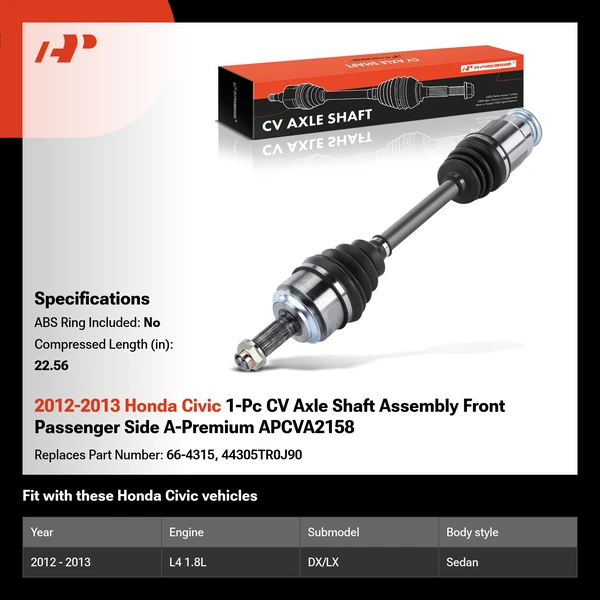 2012-2013 Honda Civic 1-Pc CV Axle Shaft Assembly Front Passenger Side A-Premium APCVA2158
