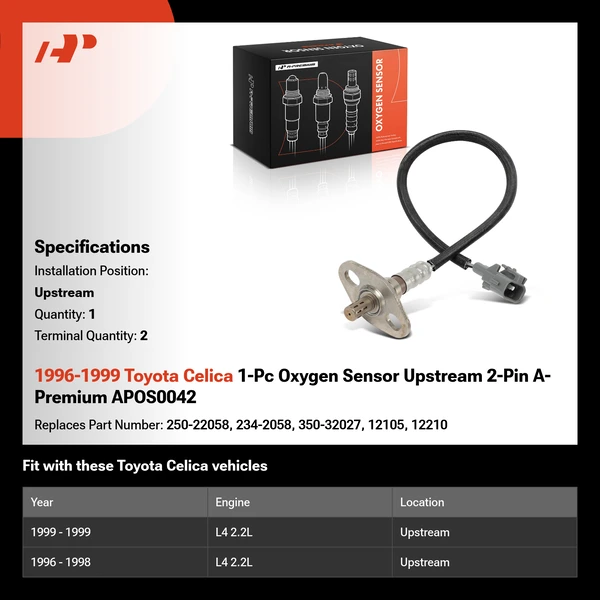 1996-1999 Toyota Celica 1-Pc Oxygen Sensor Upstream 2-Pin A-Premium APOS0042
