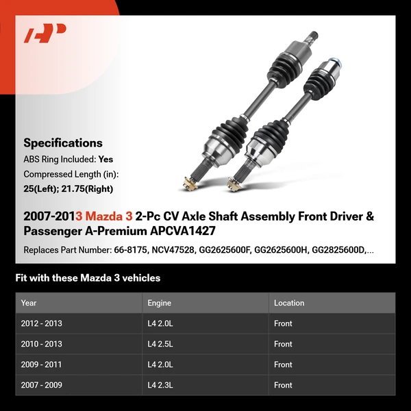 2007-2013 Mazda 3 2-Pc CV Axle Shaft Assembly Front Driver & Passenger A-Premium APCVA1427
