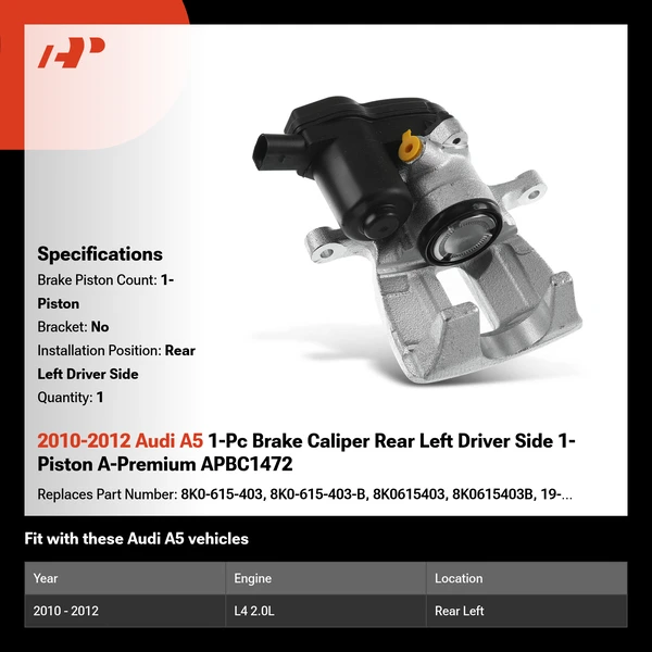 2010-2012 Audi A5 1-Pc Brake Caliper Rear Left Driver Side 1-Piston A-Premium APBC1472