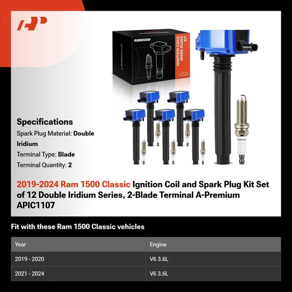 2019-2024 Ram 1500 Classic Ignition Coil and Spark Plug Kit Set of 12 Double Iridium Series, 2-Blade Terminal A-Premium APIC1107