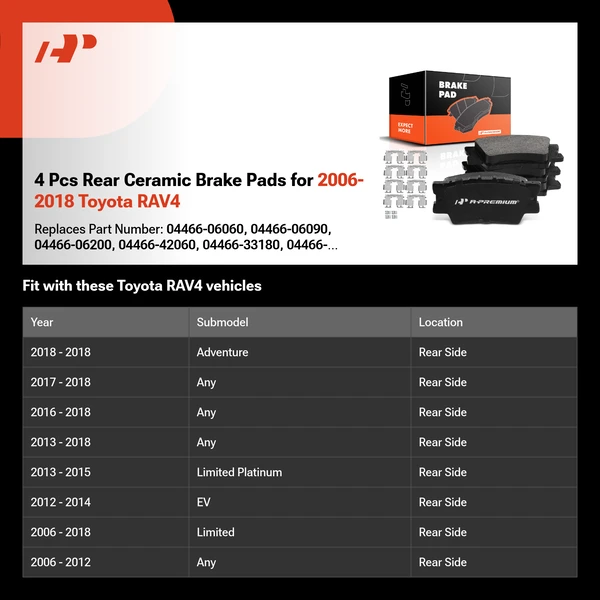 4 Pcs Rear Ceramic Brake Pads for 2006-2018 Toyota RAV4