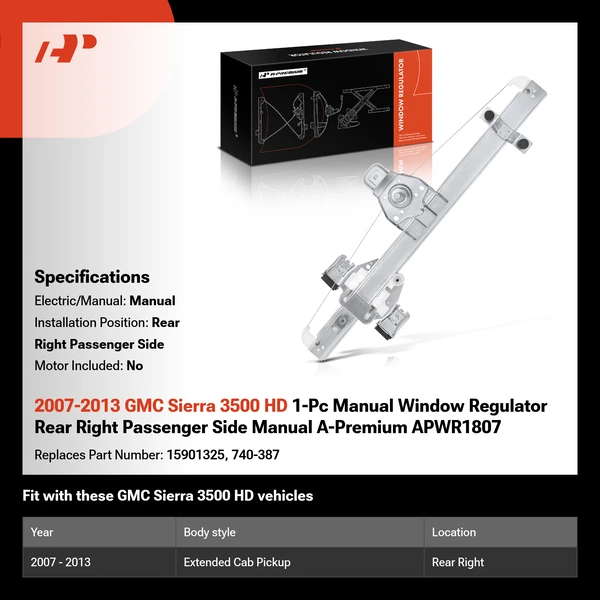 2007-2013 GMC Sierra 3500 HD 1-Pc Manual Window Regulator Rear Right Passenger Side Manual A-Premium APWR1807