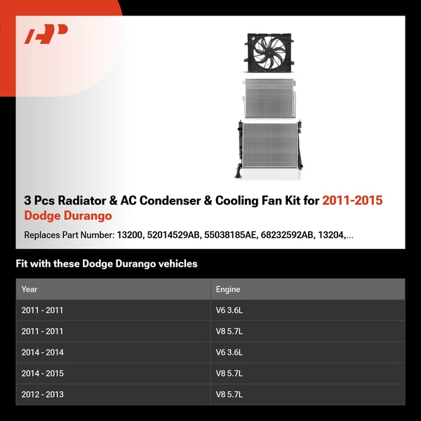 3 Pcs Radiator & AC Condenser & Cooling Fan Kit for 2011-2015 Dodge Durango