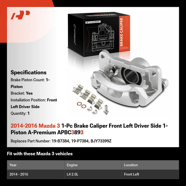 2014-2016 Mazda 3 1-Pc Brake Caliper Front Left Driver Side 1-Piston A-Premium APBC3893