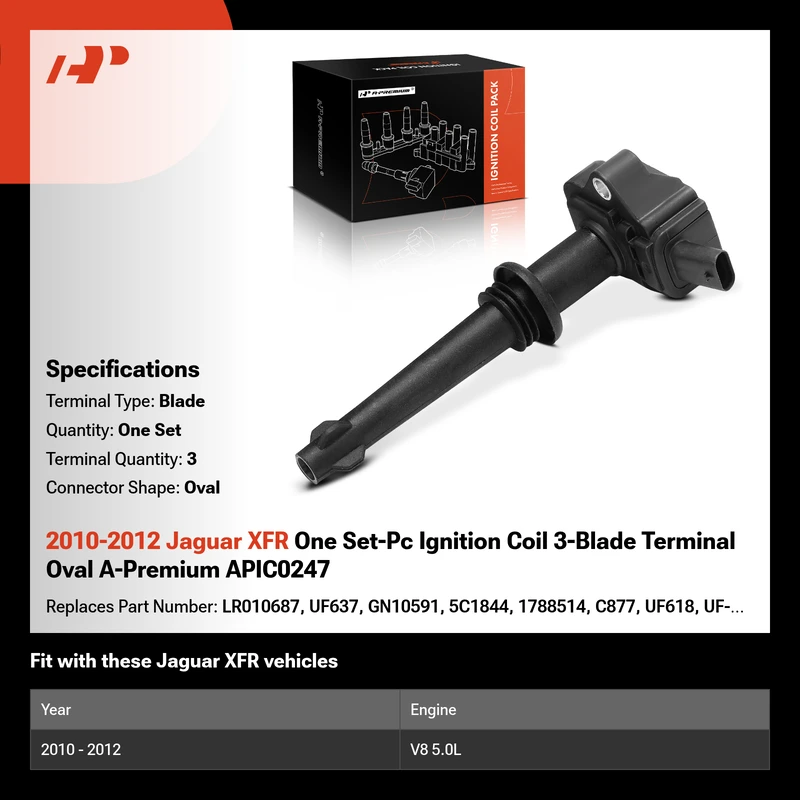 2010-2012 Jaguar XFR One Set-Pc Ignition Coil 3-Blade Terminal Oval A-Premium APIC0247