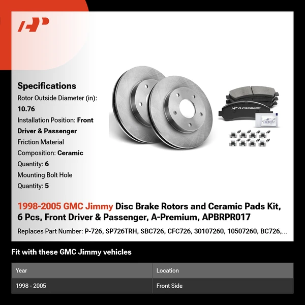 1998-2005 GMC Jimmy Disc Brake Rotors and Ceramic Pads Kit, 6 Pcs, Front Driver & Passenger, A-Premium, APBRPR017
