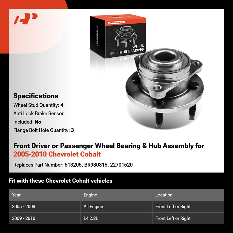 Front Driver or Passenger Wheel Bearing & Hub Assembly for 2005-2010 Chevrolet Cobalt
