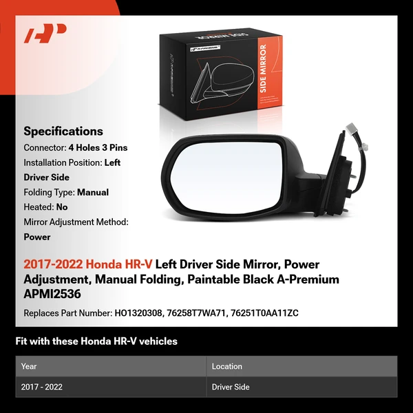2017-2022 Honda HR-V Left Driver Side Mirror, Power Adjustment, Manual Folding, Paintable Black A-Premium APMI2536