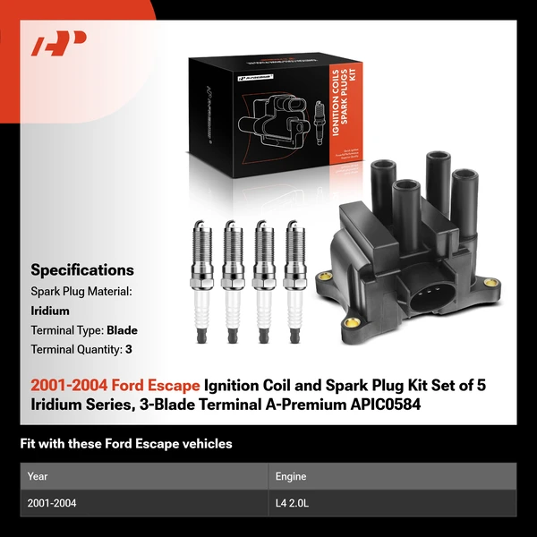 2001-2004 Ford Escape Ignition Coil and Spark Plug Kit Set of 5 Iridium Series, 3-Blade Terminal A-Premium APIC0584
