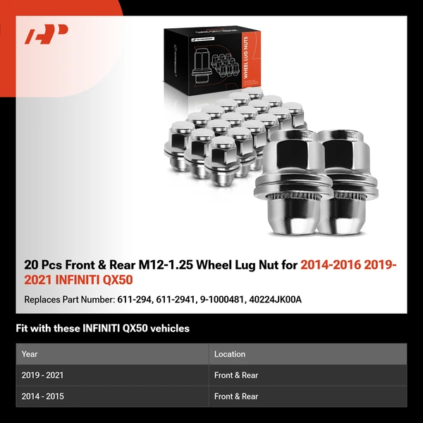 20 Pcs Front & Rear M12-1.25 Wheel Lug Nut for 2014-2016 2019-2021 INFINITI QX50