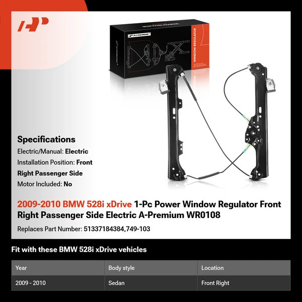 2009-2010 BMW 528i xDrive 1-Pc Power Window Regulator Front Right Passenger Side Electric A-Premium WR0108