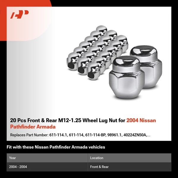 20 Pcs Front & Rear M12-1.25 Wheel Lug Nut for 2004 Nissan Pathfinder Armada