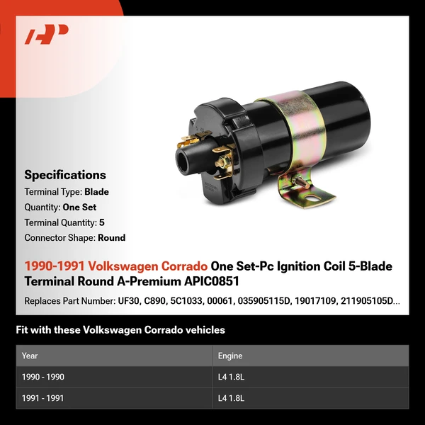 1990-1991 Volkswagen Corrado One Set-Pc Ignition Coil 5-Blade Terminal Round A-Premium APIC0851