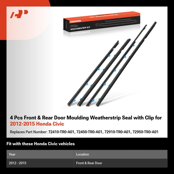 4 Pcs Front & Rear Door Moulding Weatherstrip Seal with Clip for 2012-2015 Honda Civic