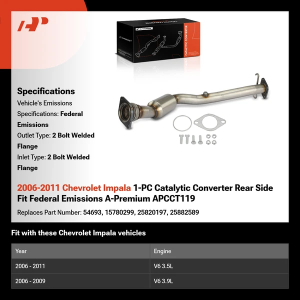 2006-2011 Chevrolet Impala 1-PC Catalytic Converter Rear Side Fit Federal Emissions A-Premium APCCT119