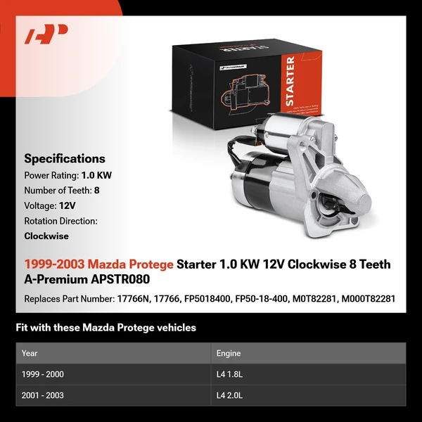1999-2003 Mazda Protege Starter 1.0 KW 12V Clockwise 8 Teeth A-Premium APSTR080