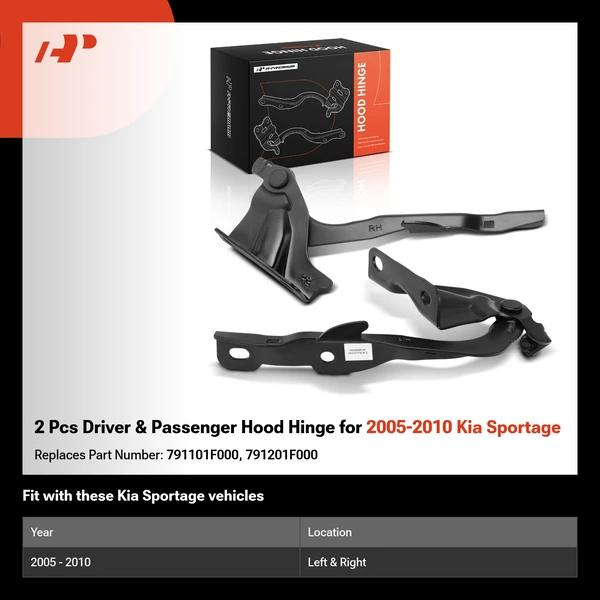 2 Pcs Driver & Passenger Hood Hinge for 2005-2010 Kia Sportage