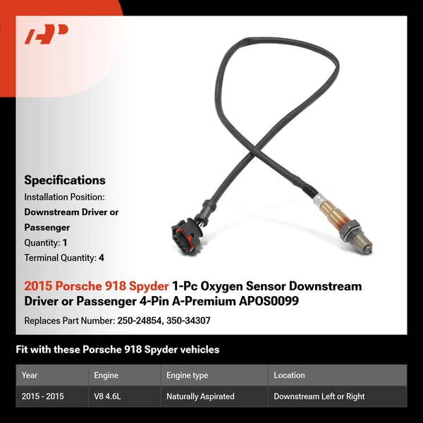 2015 Porsche 918 Spyder 1-Pc Oxygen Sensor Downstream Driver or Passenger 4-Pin A-Premium APOS0099