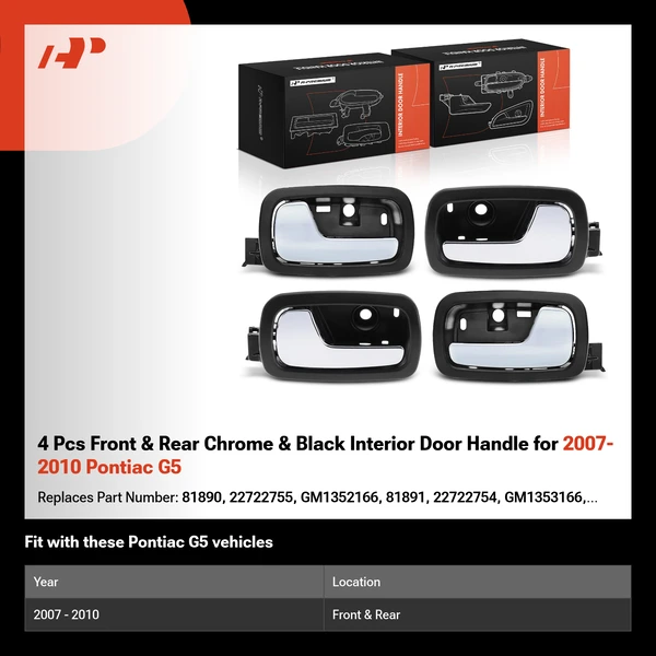 4 Pcs Front & Rear Chrome & Black Interior Door Handle for 2007-2010 Pontiac G5