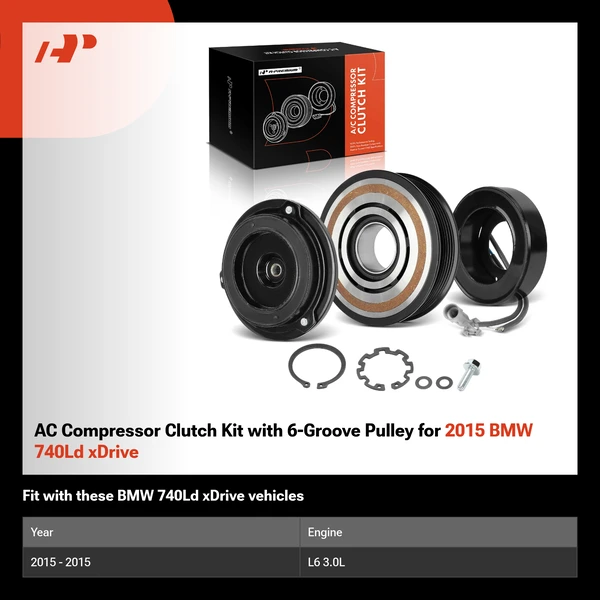 AC Compressor Clutch Kit with 6-Groove Pulley for 2015 BMW 740Ld xDrive